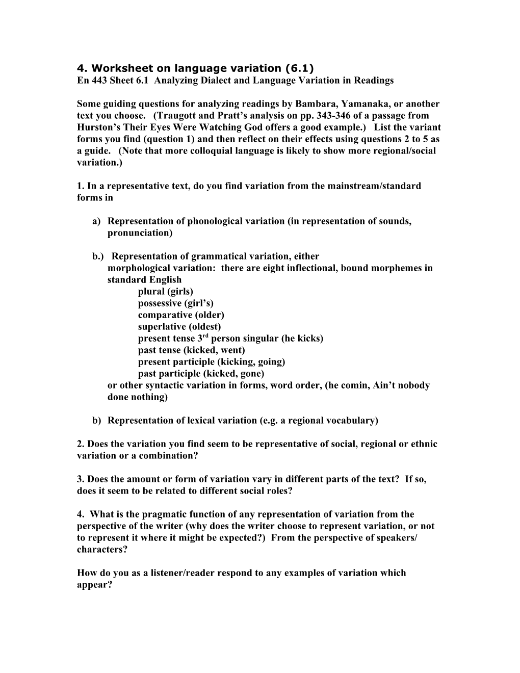 En 443 Sheet 6.1 Analyzing Dialect and Language Variation in Readings