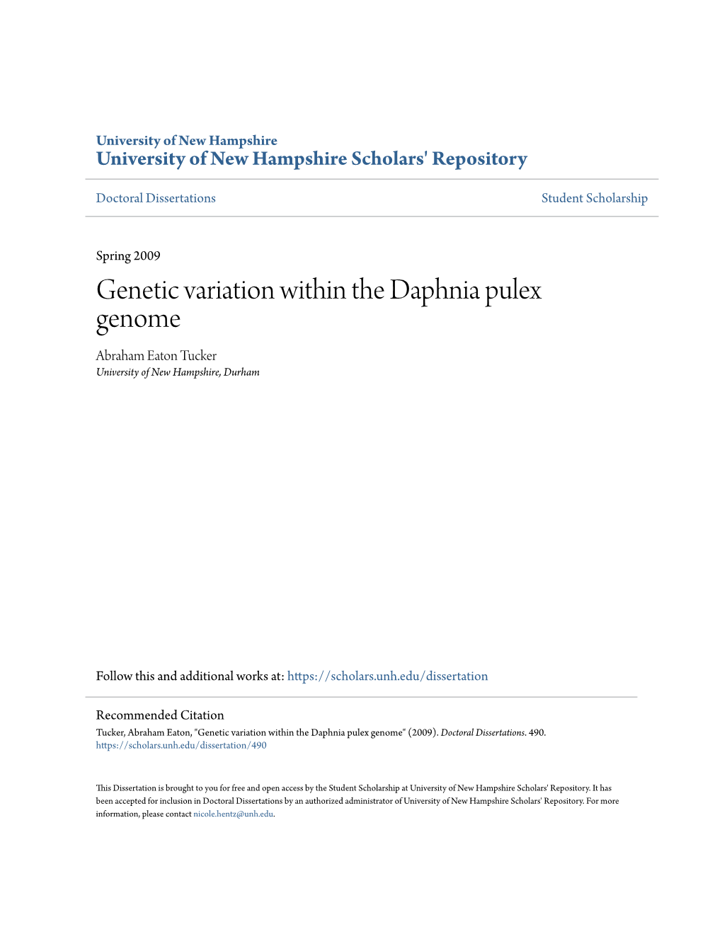 Genetic Variation Within the Daphnia Pulex Genome Abraham Eaton Tucker University of New Hampshire, Durham