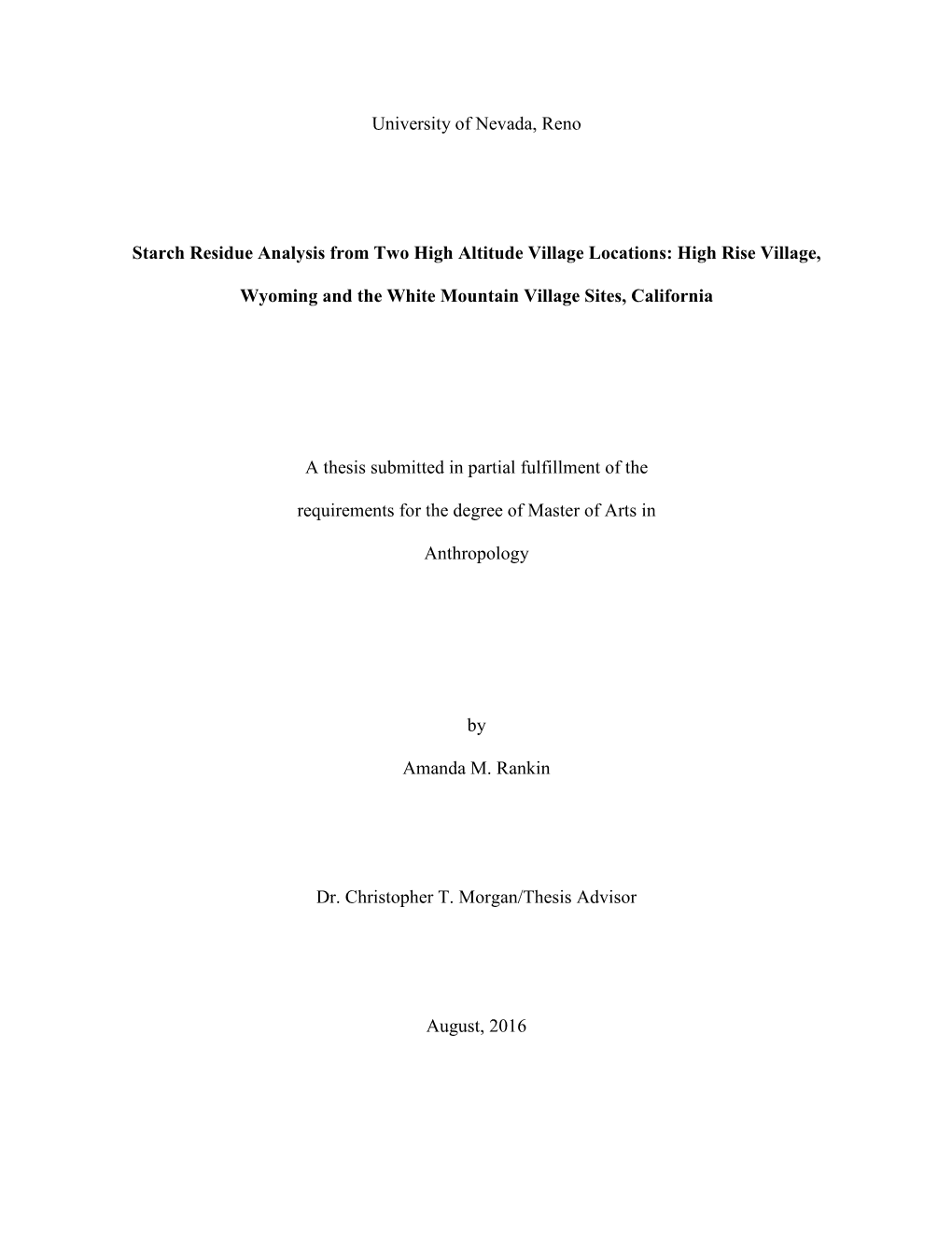 University of Nevada, Reno Starch Residue Analysis from Two High