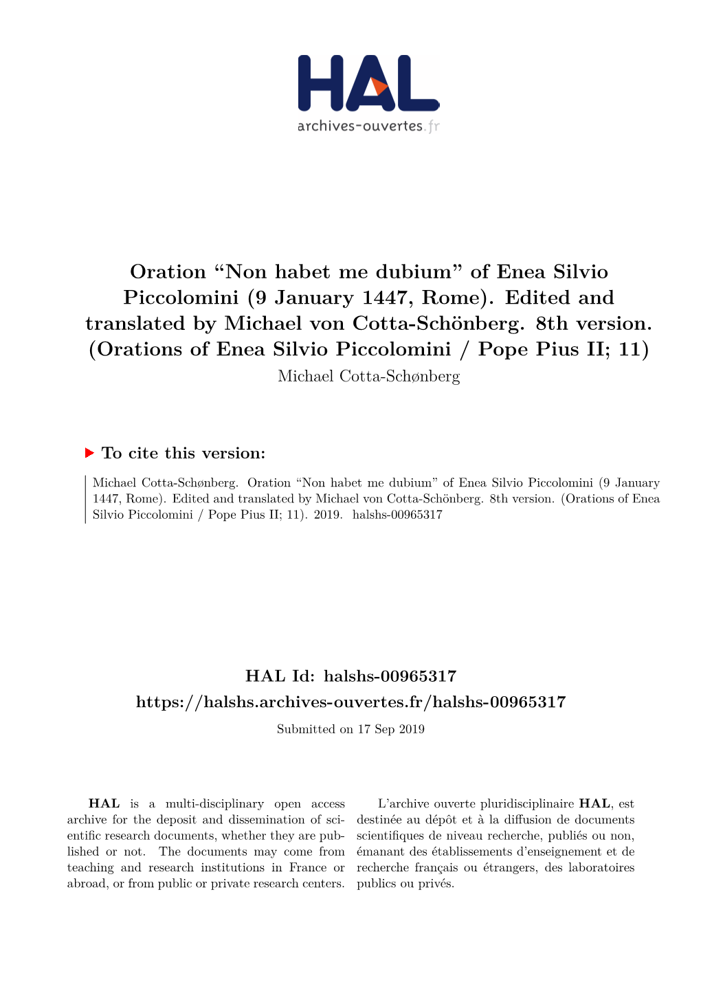 Oration “Non Habet Me Dubium” of Enea Silvio Piccolomini (9 January 1447, Rome)