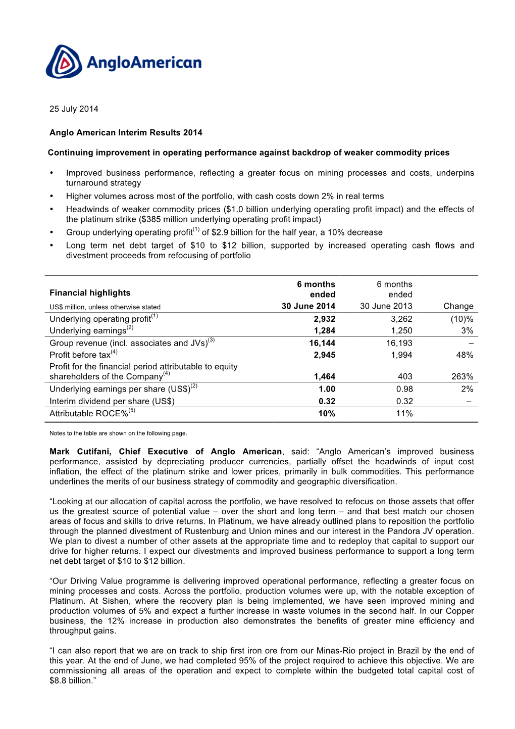 Anglo American Interim Results 2014