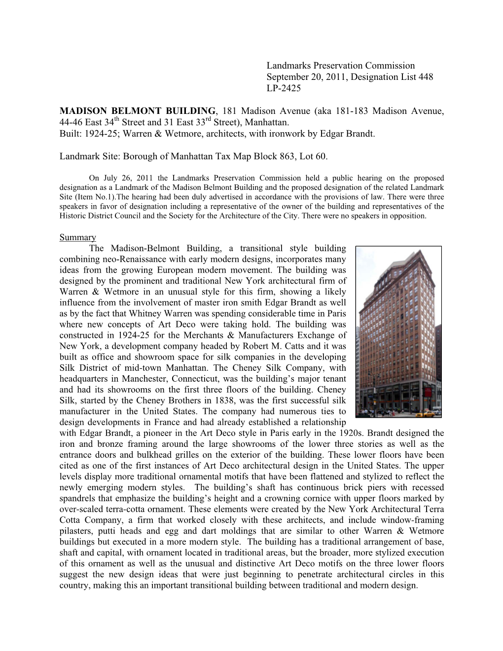 Landmarks Preservation Commission September 20, 2011, Designation List 448 LP-2425