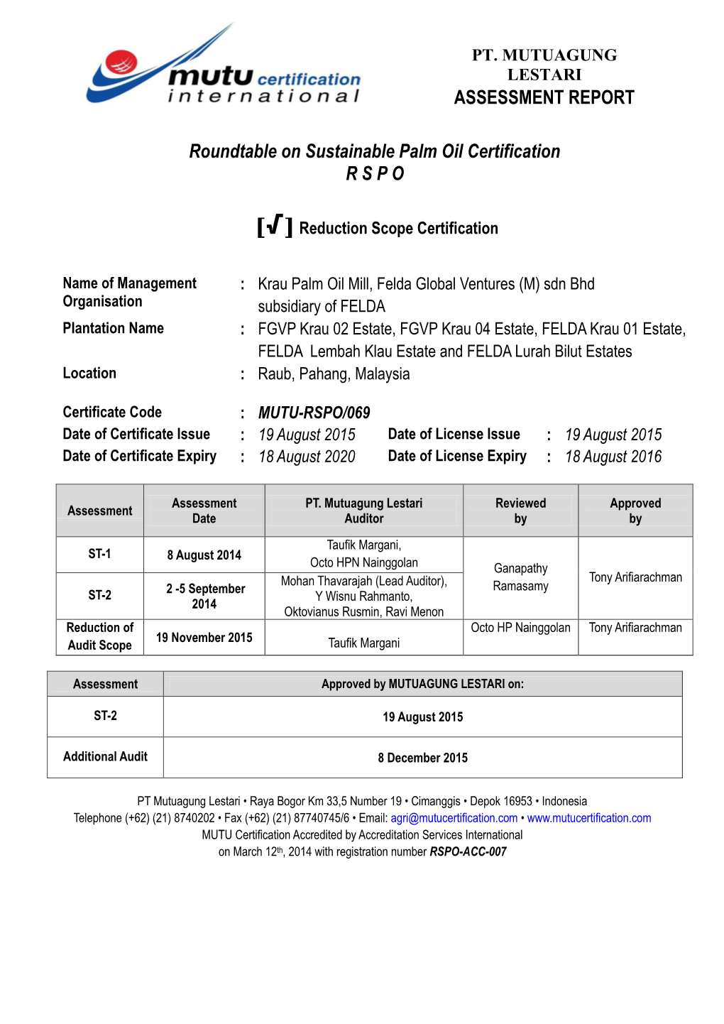 ASSESSMENT REPORT Roundtable on Sustainable Palm Oil