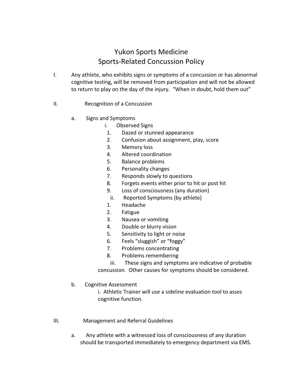 Yukon Sports Medicine Sports-Related Concussion Policy