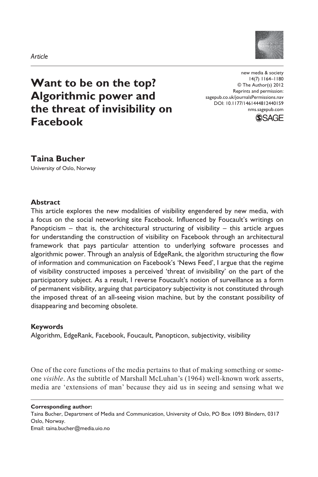 Want to Be on the Top? Algorithmic Power and the Threat of Invisibility on Facebook