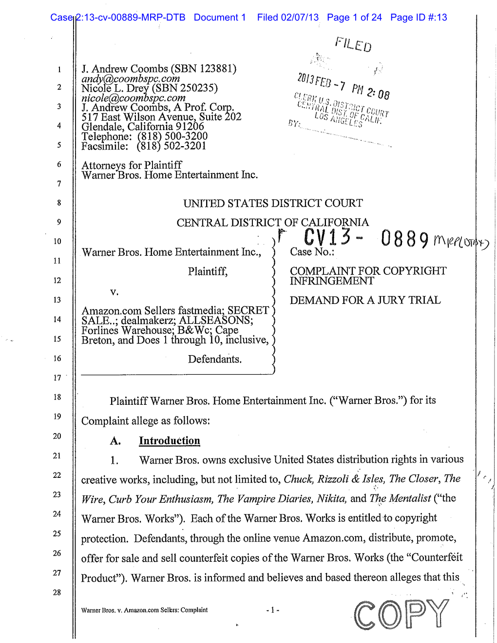 Warner Bros. Home Entertainment V. Amazon.Com Sellers Fastmedia