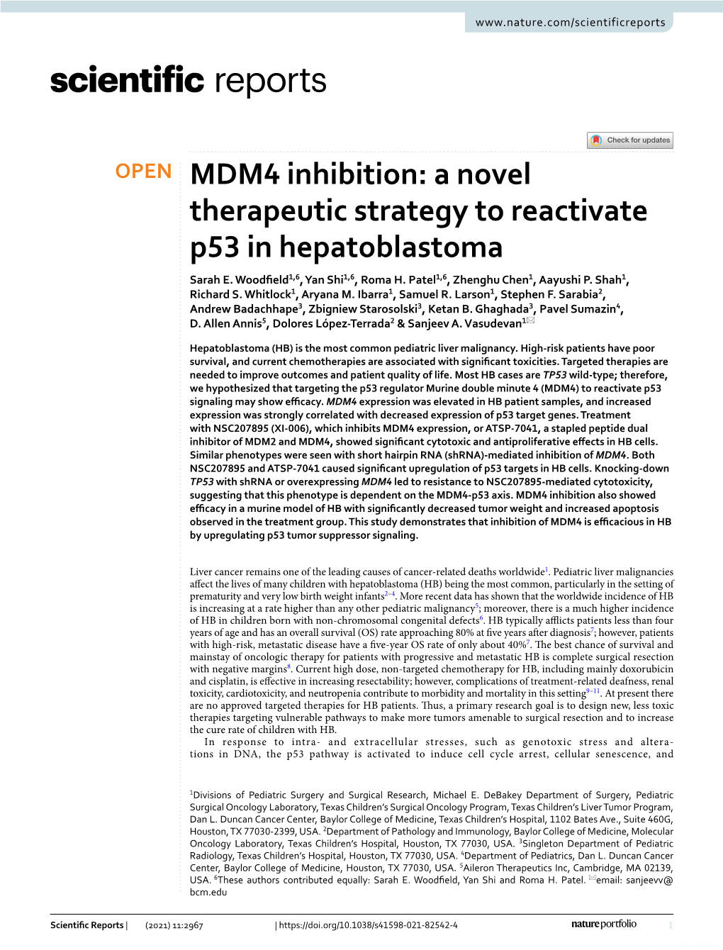 A Novel Therapeutic Strategy to Reactivate P53 in Hepatoblastoma Sarah E