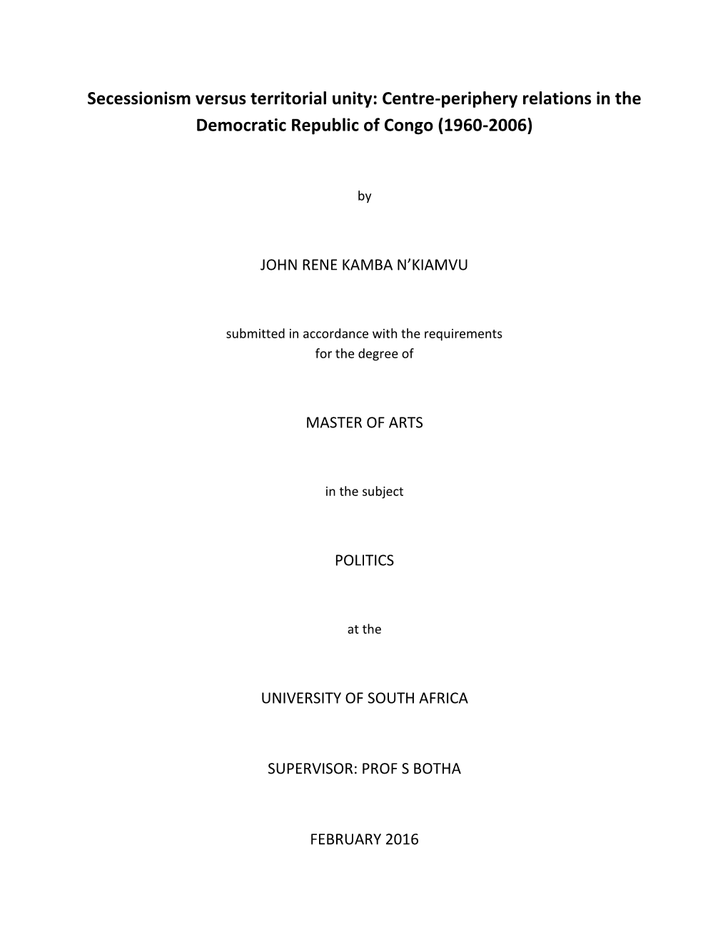 Centre-Periphery Relations in the Democratic Republic of Congo (1960-2006)