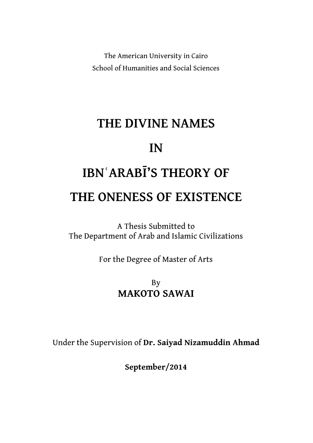 The Divine Names in Ibnʿarabī's Theory of the Oneness Of