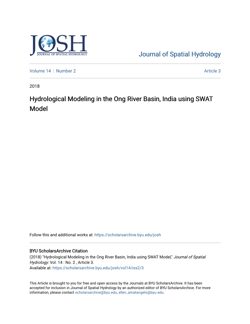 Hydrological Modeling in the Ong River Basin, India Using SWAT Model