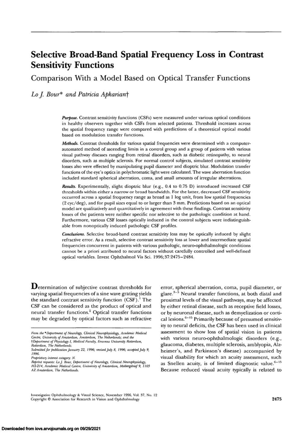 Selective Broad-Band Spatial Frequency Loss in Contrast Sensitivity Functions Comparison with a Model Based on Optical Transfer Functions