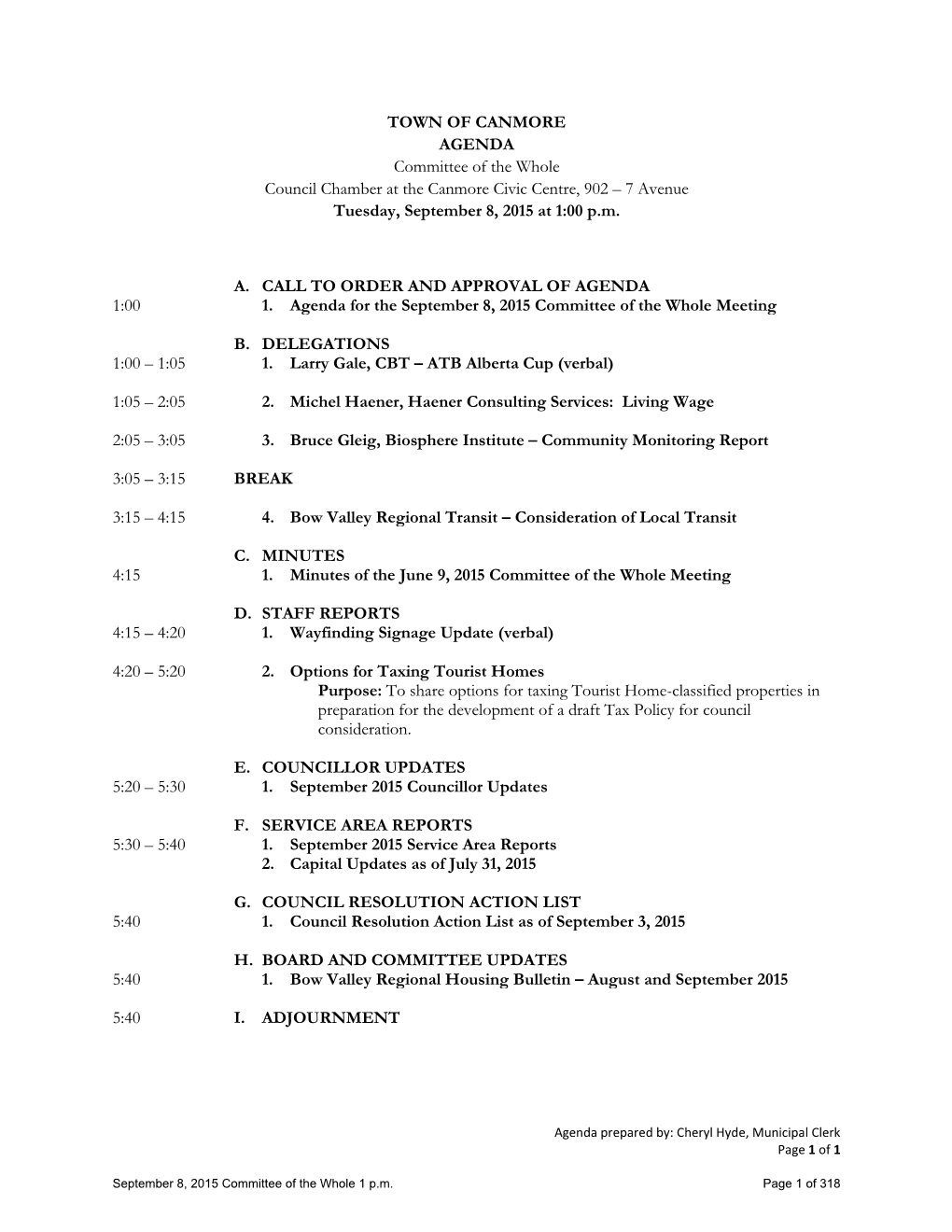 Committee of the Whole Agenda 2015-09-08