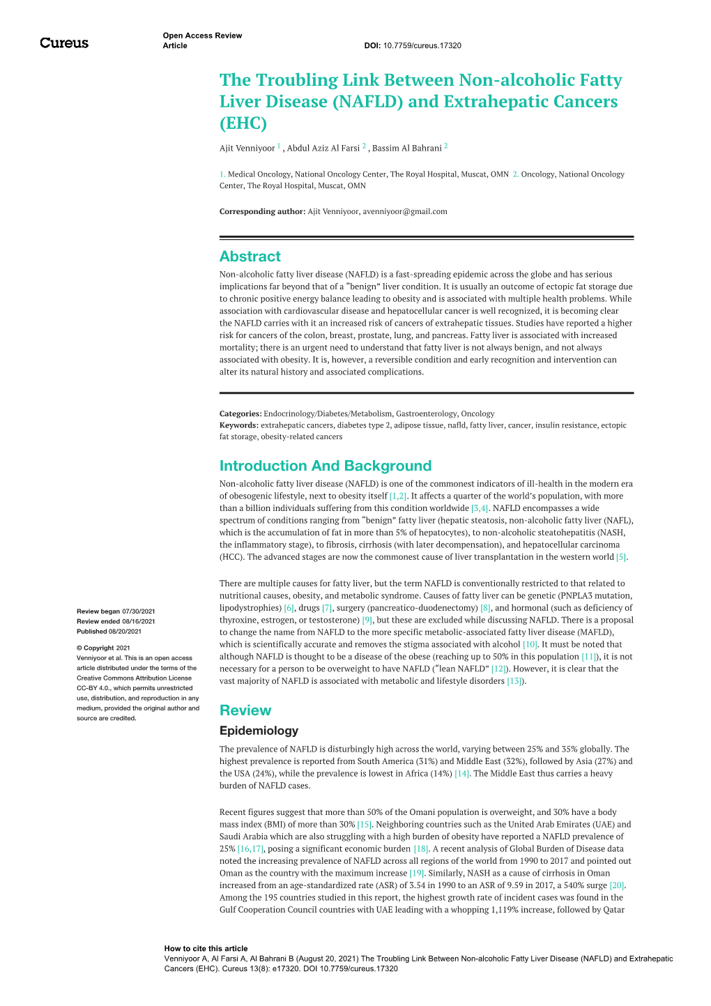 The Troubling Link Between Non-Alcoholic Fatty Liver Disease (NAFLD) and Extrahepatic Cancers (EHC)