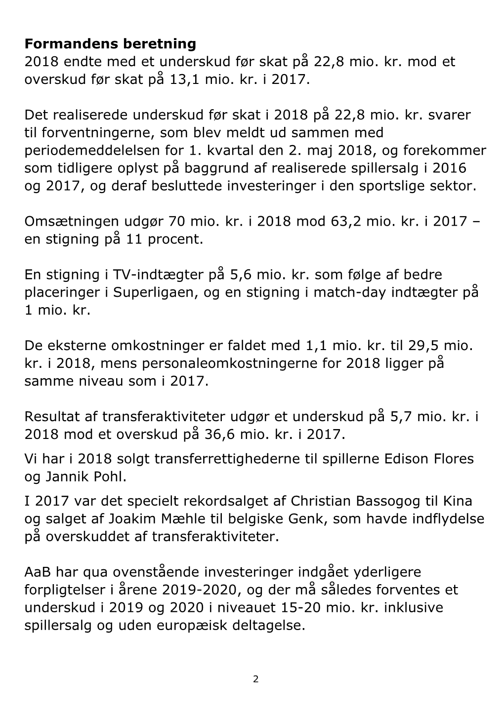 Formandens Beretning 2018 Endte Med Et Underskud Før Skat På 22,8 Mio