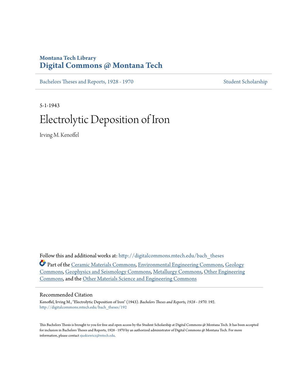 Electrolytic Deposition of Iron Irving M