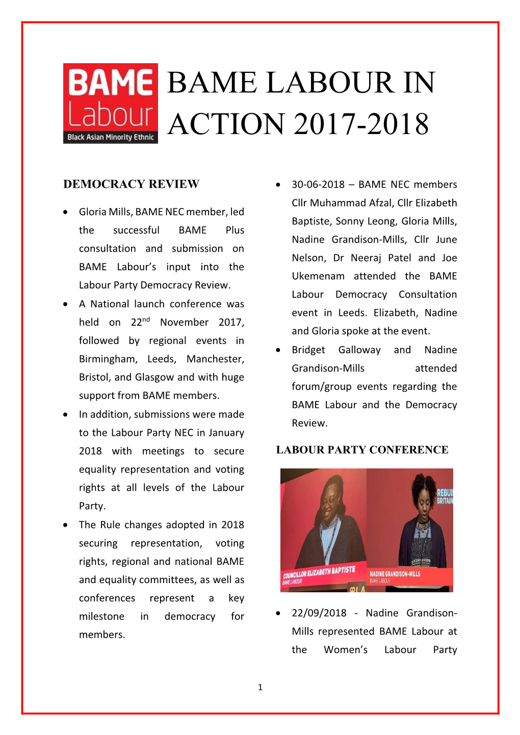 Bame Labour in Action 2017-2018