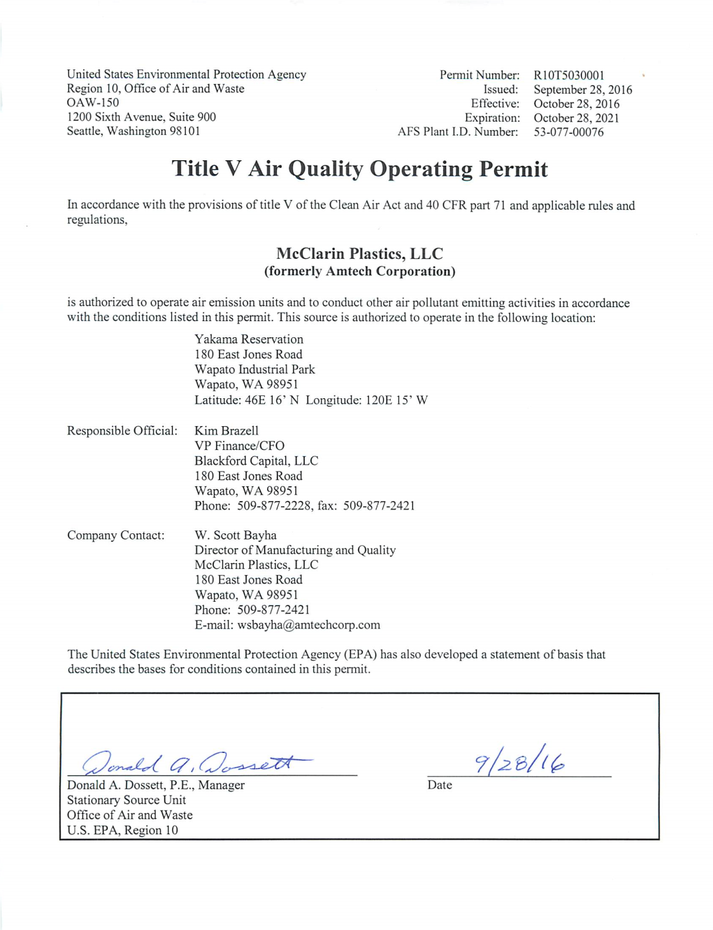 Title V Air Quality Operating Permit for Mcclarin Plastics, LLC in Wapato