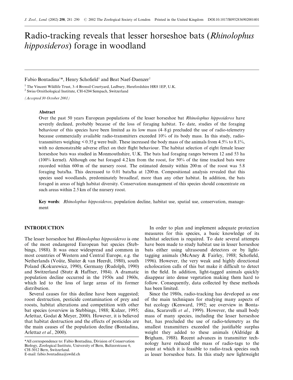 Radio-Tracking Reveals That Lesser Horseshoe Bats Forage in Woodland