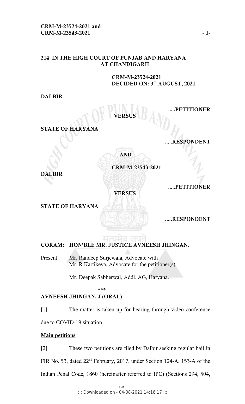 214 in the High Court of Punjab and Haryana at Chandigarh