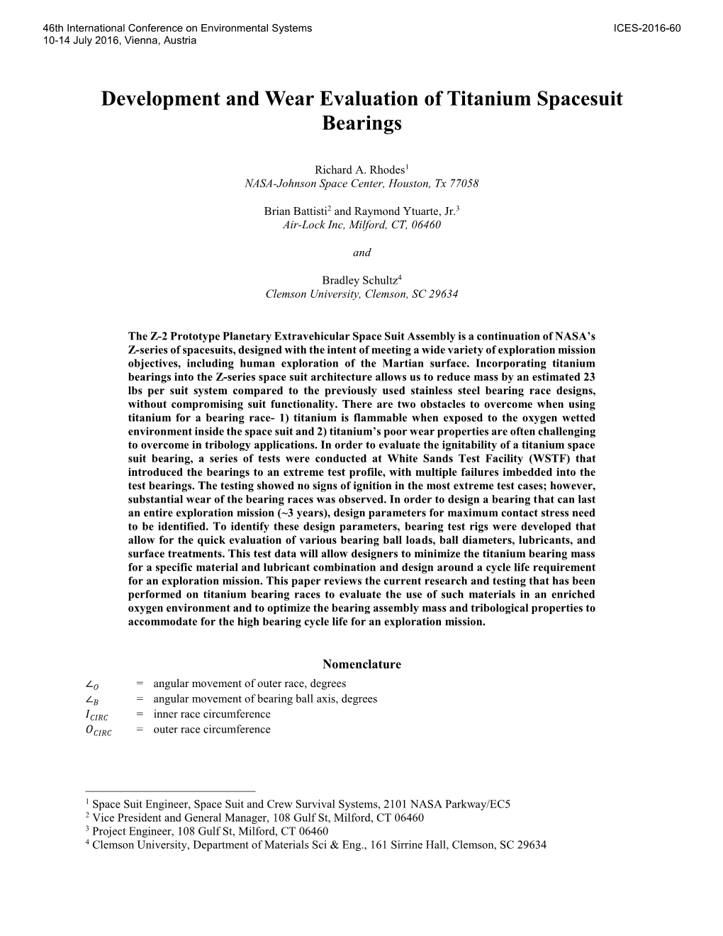 Development and Wear Evaluation of Titanium Spacesuit Bearings