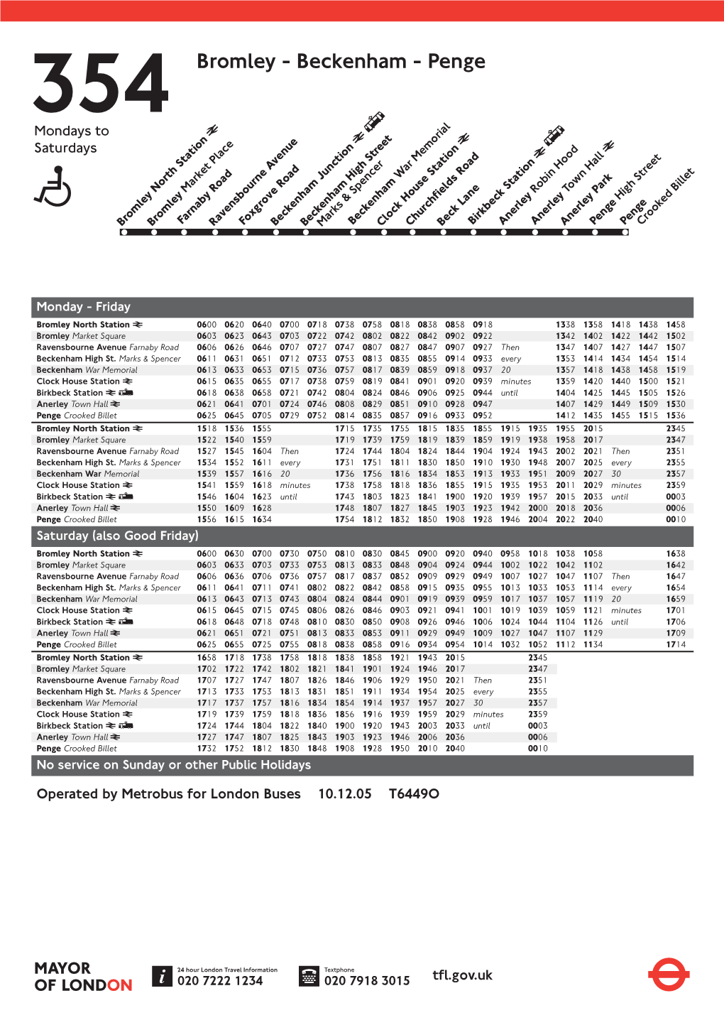 354 Bromley - Beckenham - Penge Mondays To