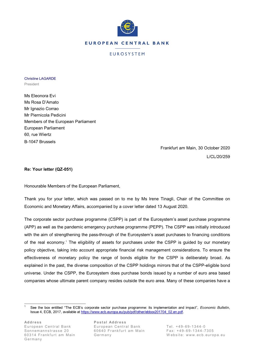 Letter from the ECB President to Ms Eleonora Evi, Ms Rosa D'amato, Mr