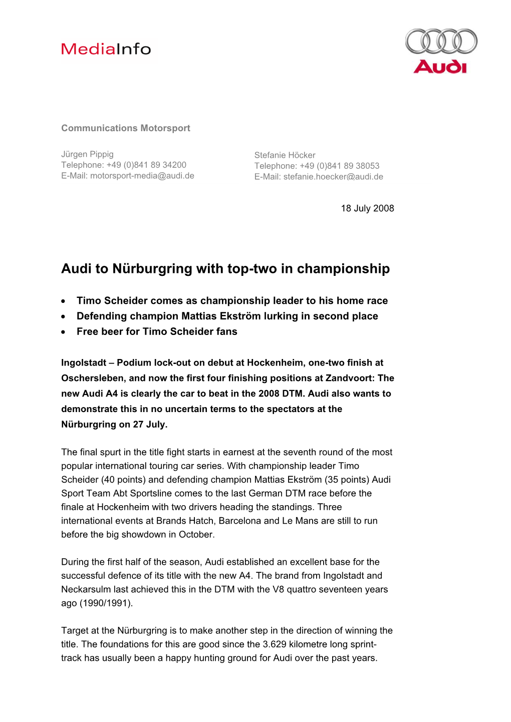 Audi to Nürburgring with Top-Two in Championship