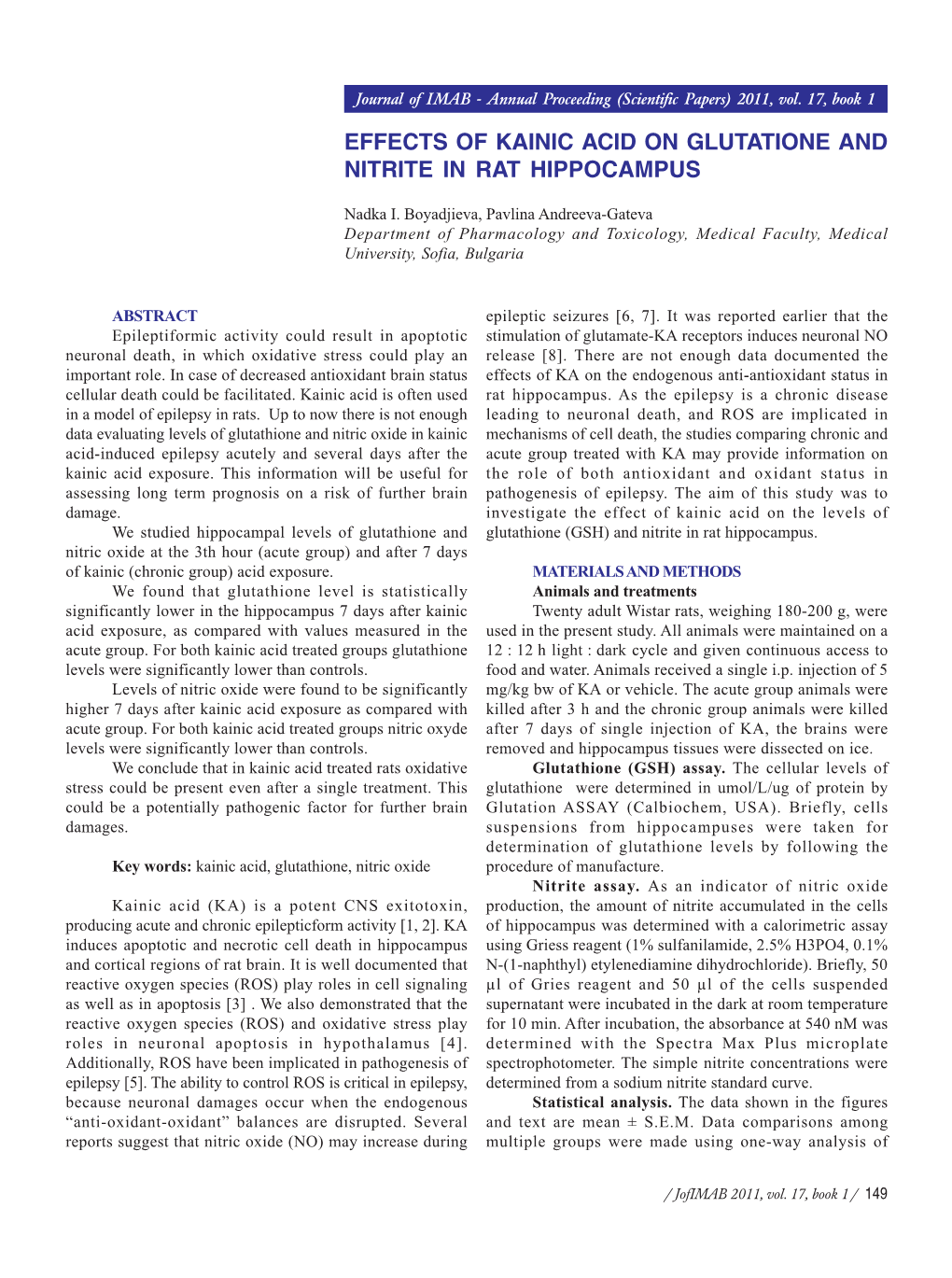 Effects of Kainic Acid on Glutatione and Nitrite in Rat Hippocampus