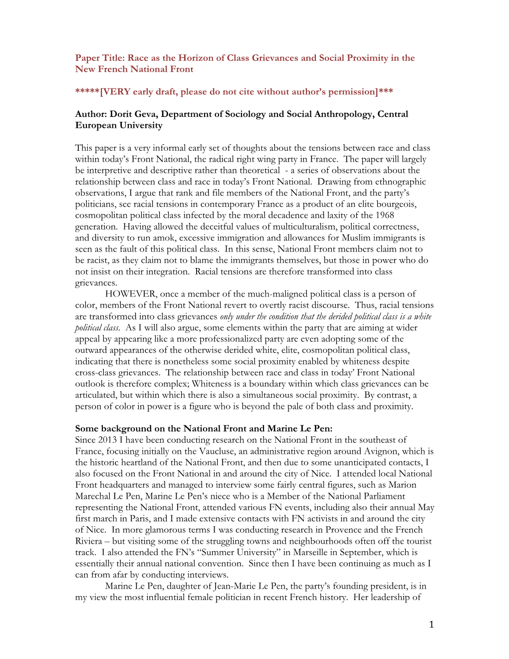 1 Paper Title: Race As the Horizon of Class Grievances and Social Proximity in the New French National Front