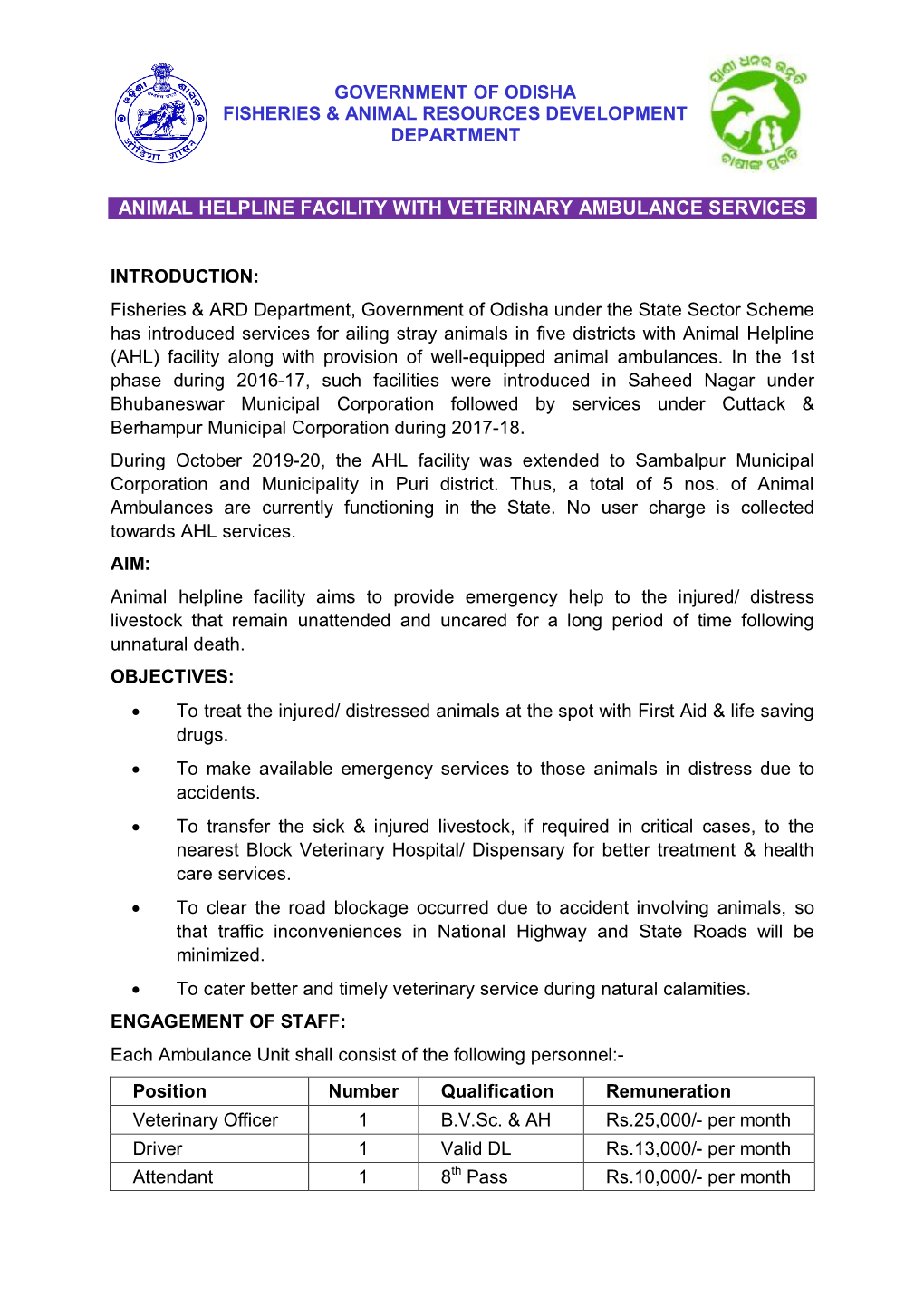 ANIMAL HELPLINE FACILITY with VETERINARY AMBULANCE SERVICES INTRODUCTION: Fisheries & ARD Department, Government of Odisha U