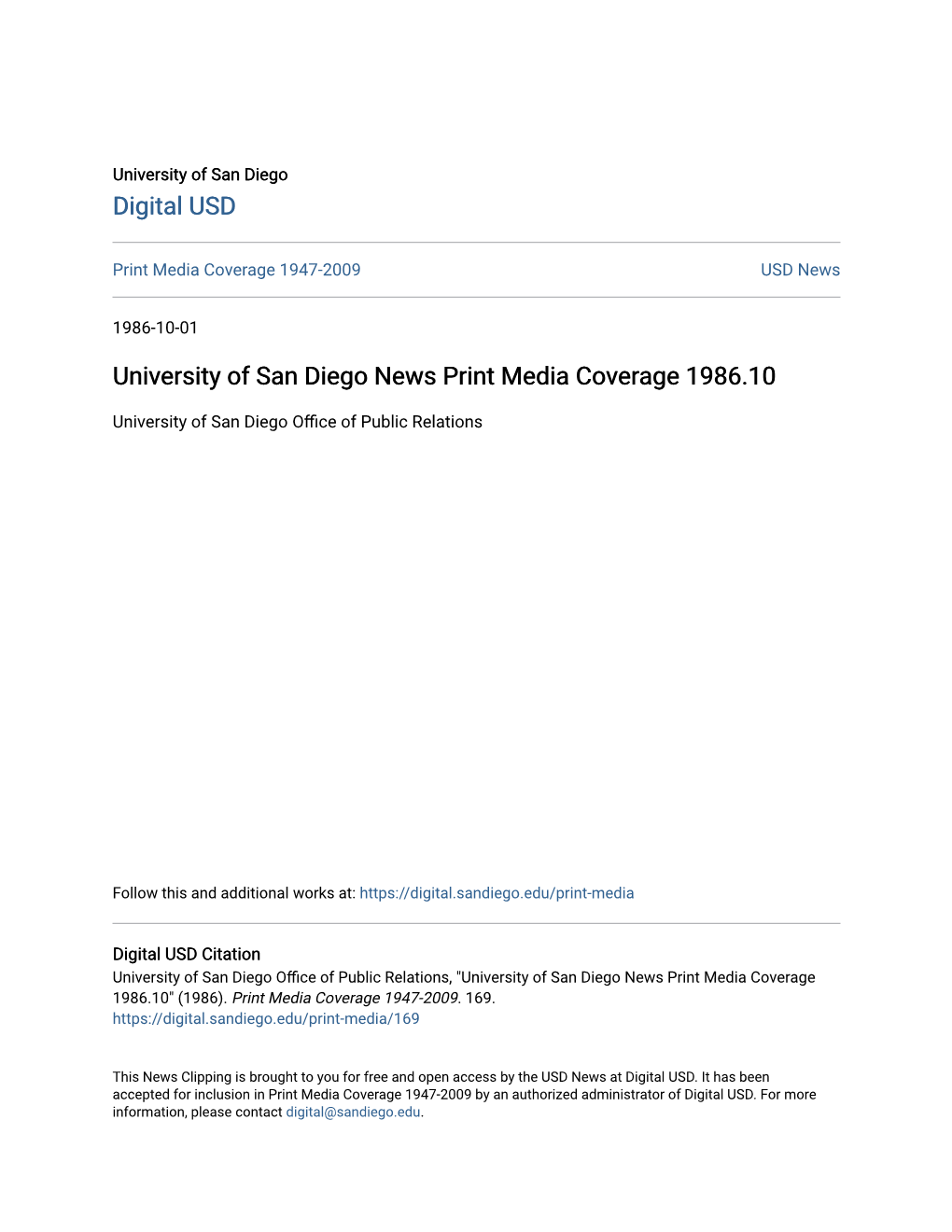 University of San Diego News Print Media Coverage 1986.10