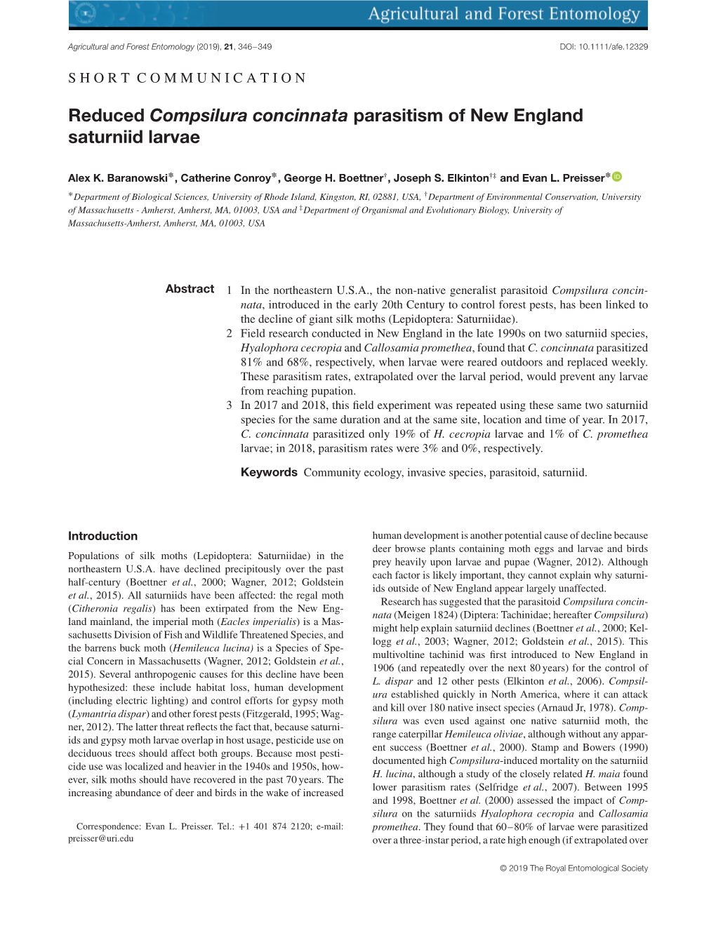 Reduced Compsilura Concinnata Parasitism of New England Saturniid Larvae