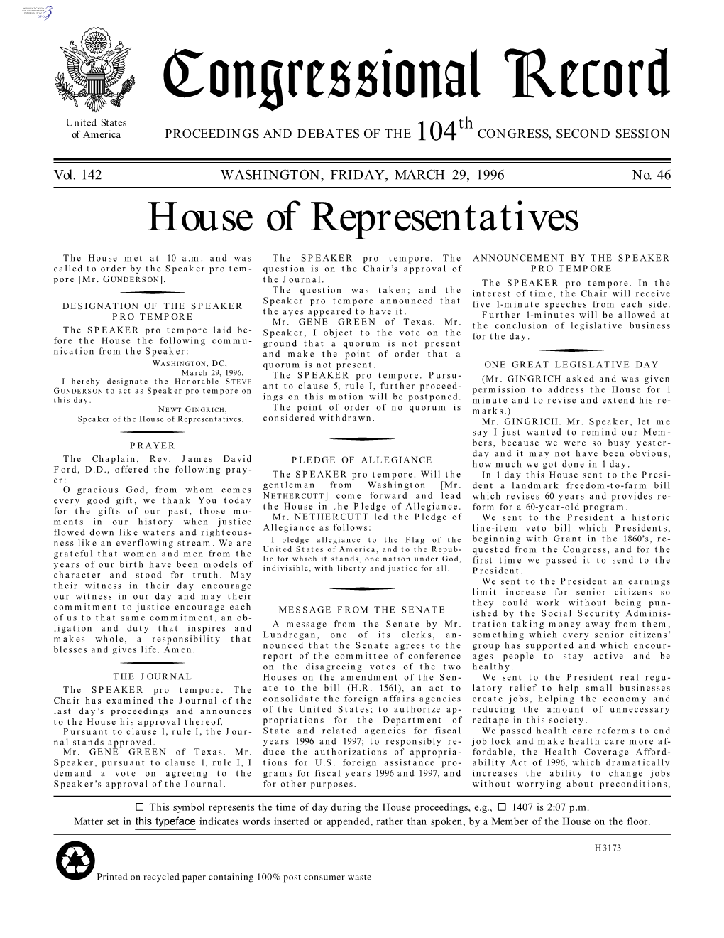 Congressional Record United States Th of America PROCEEDINGS and DEBATES of the 104 CONGRESS, SECOND SESSION