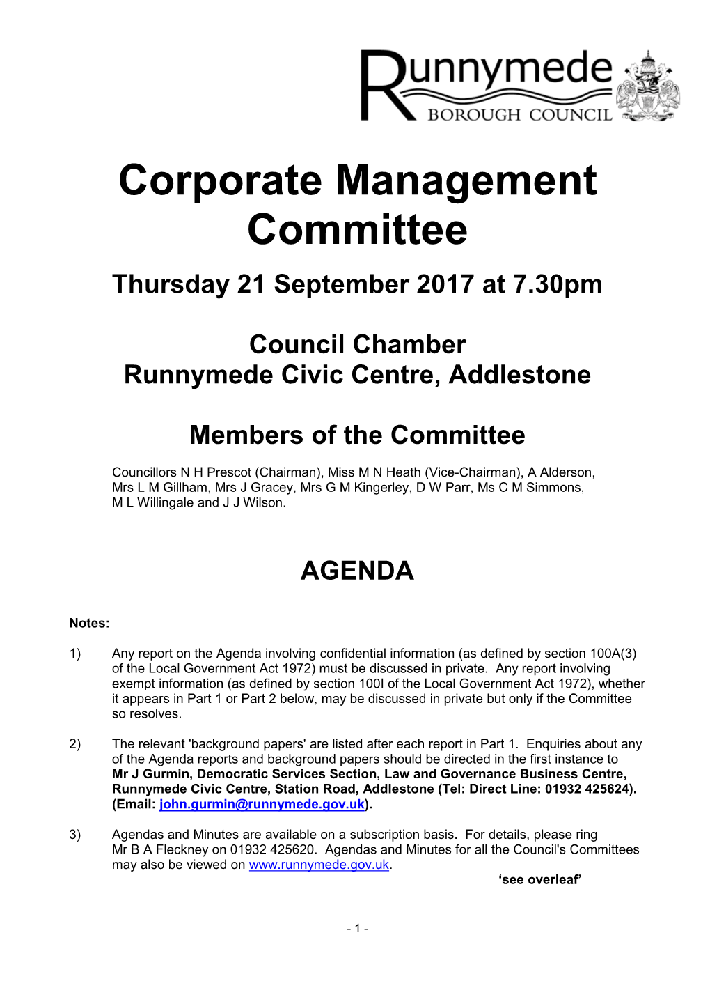 Corporate Management Committee Agenda 21 September 2017