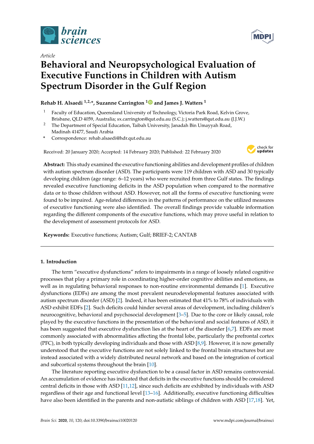 Behavioral and Neuropsychological Evaluation of Executive Functions in Children with Autism Spectrum Disorder in the Gulf Region