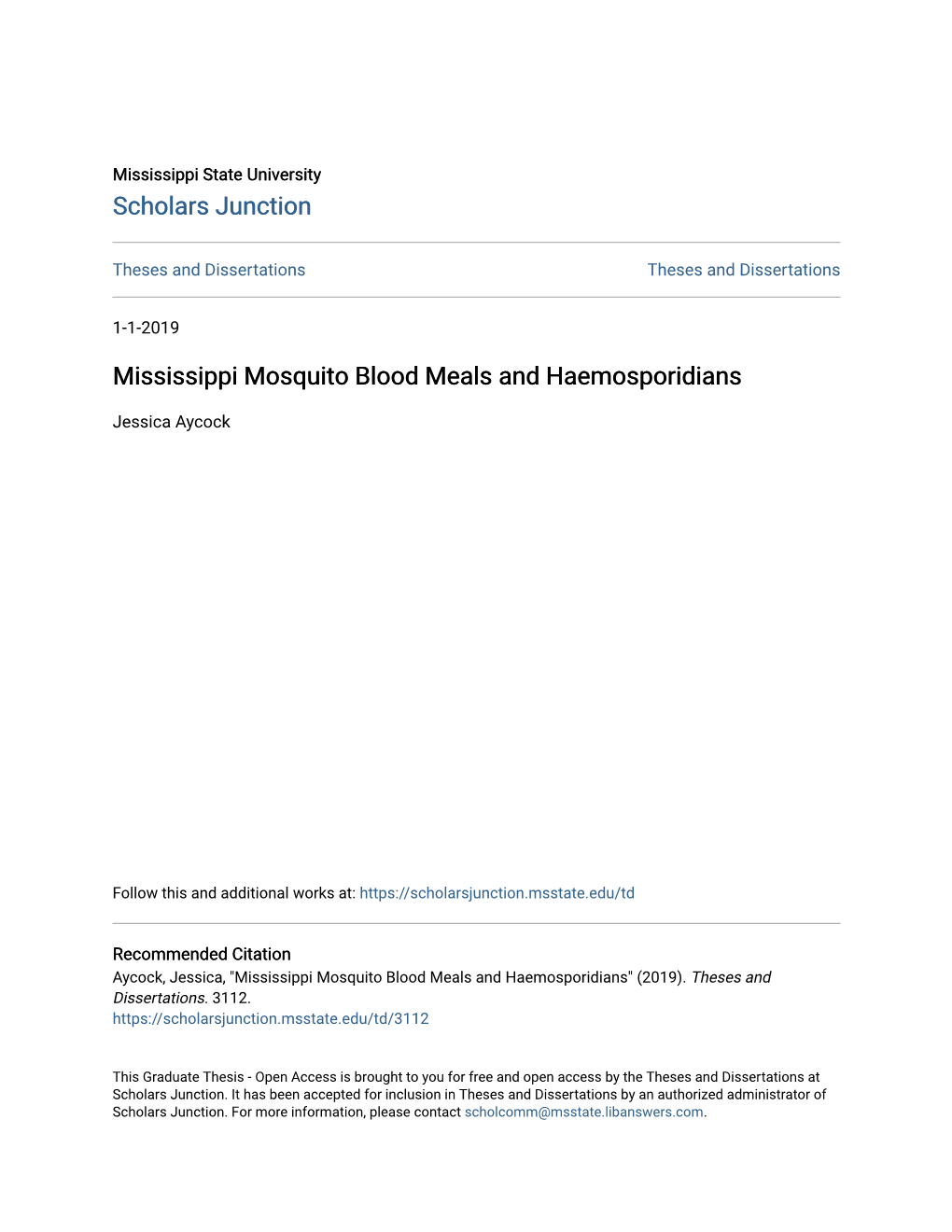 Mississippi Mosquito Blood Meals and Haemosporidians