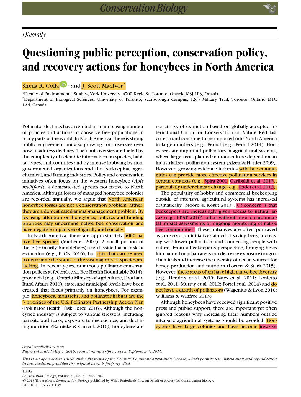 Questioning Public Perception, Conservation Policy, and Recovery Actions for Honeybees in North America