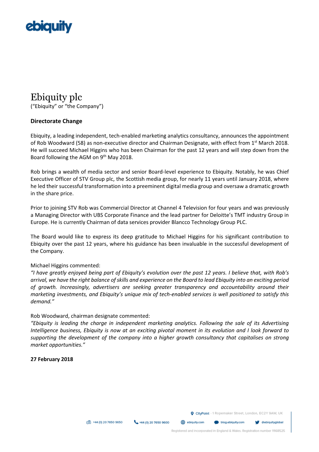 Ebiquity Plc (“Ebiquity” Or “The Company”)