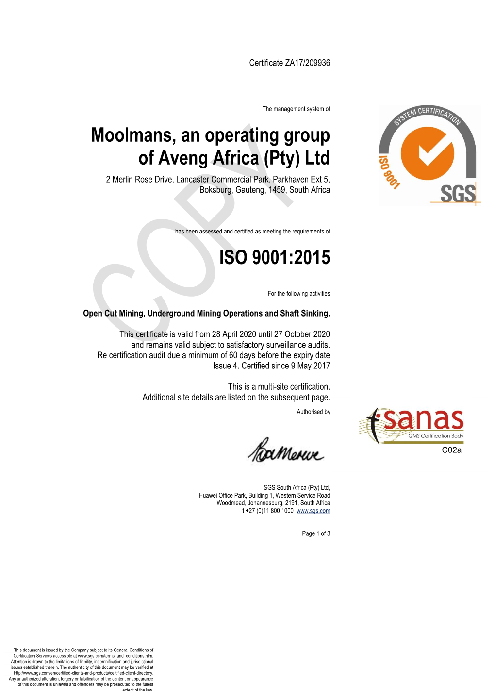 Moolmans, an Operating Group of Aveng Africa (Pty) Ltd