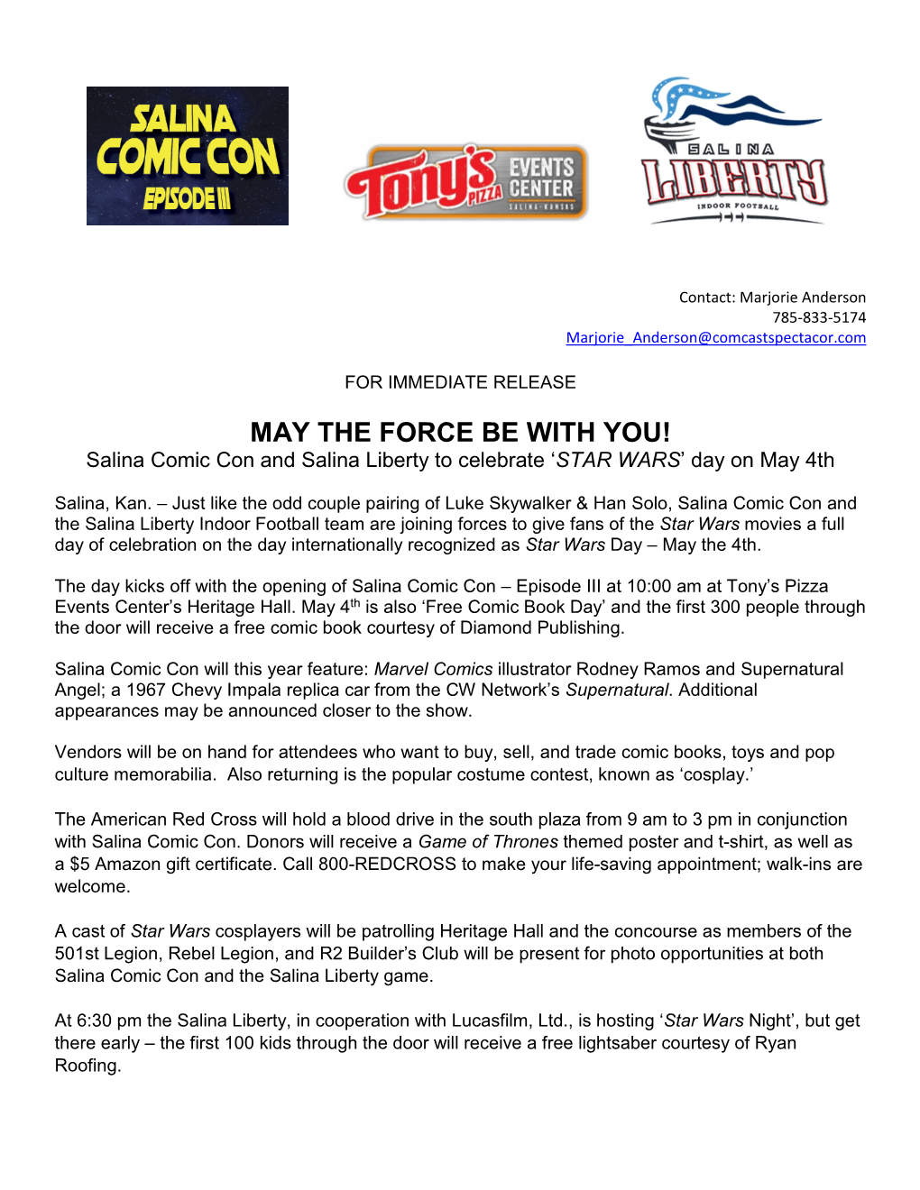 MAY the FORCE BE with YOU! Salina Comic Con and Salina Liberty to Celebrate ‘STAR WARS’ Day on May 4Th