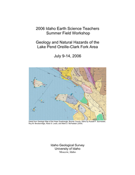 2006 Idaho Earth Science Teachers Summer Field Workshop Geology and Natural Hazards of the Lake Pend Oreille-Clark Fork Area J