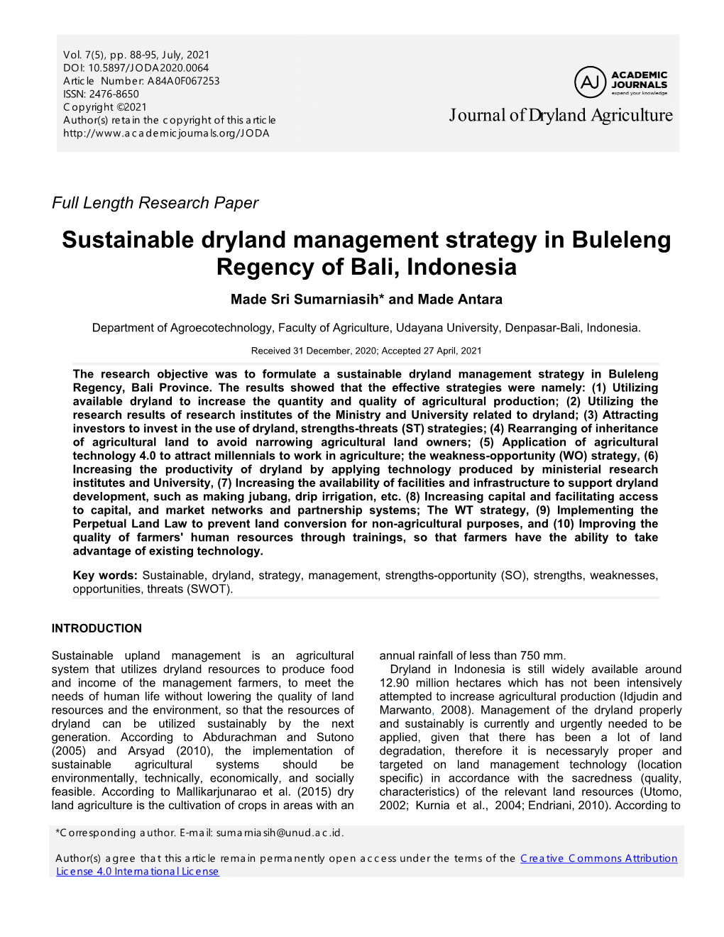 Sustainable Dryland Management Strategy in Buleleng Regency of Bali, Indonesia