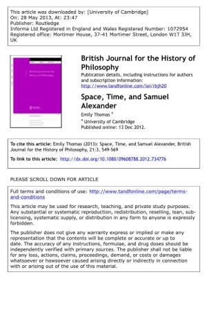 Space, Time, and Samuel Alexander Emily Thomas a a University of Cambridge Published Online: 13 Dec 2012