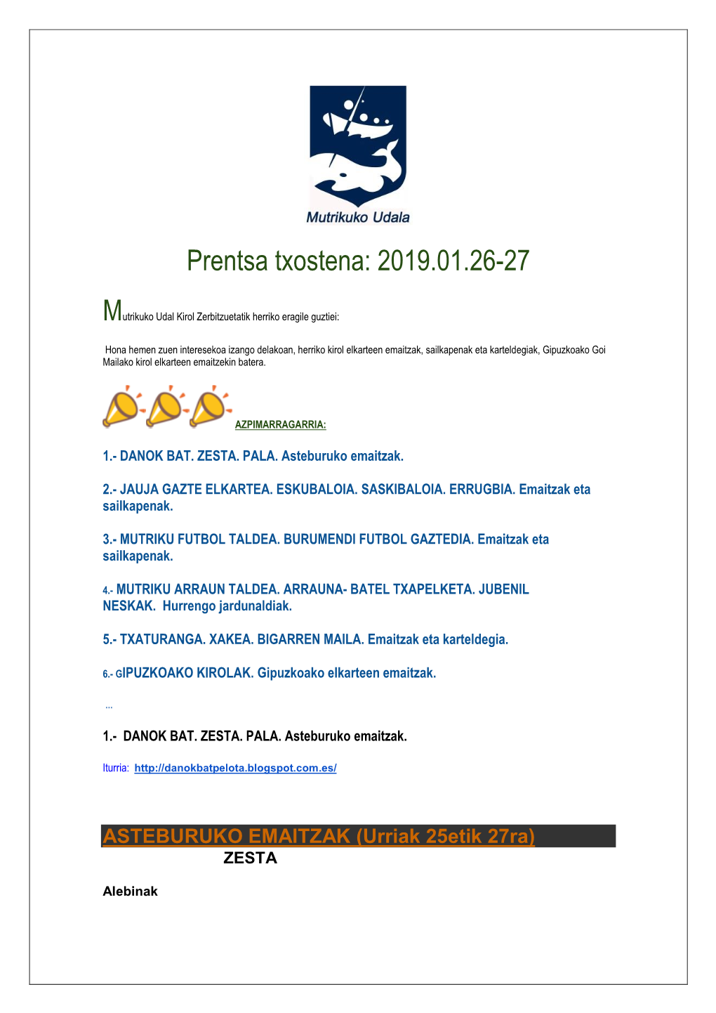 Prentsa Txostena: 2019.01.26-27