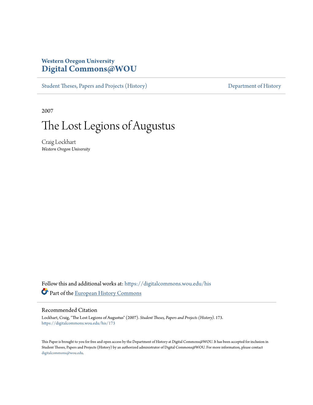 The Lost Legions of Augustus Craig Lockhart Western Oregon University