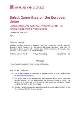 Select Committee on the European Union Uncorrected Oral Evidence: Progress of UK-EU Future Relationship Negotiations