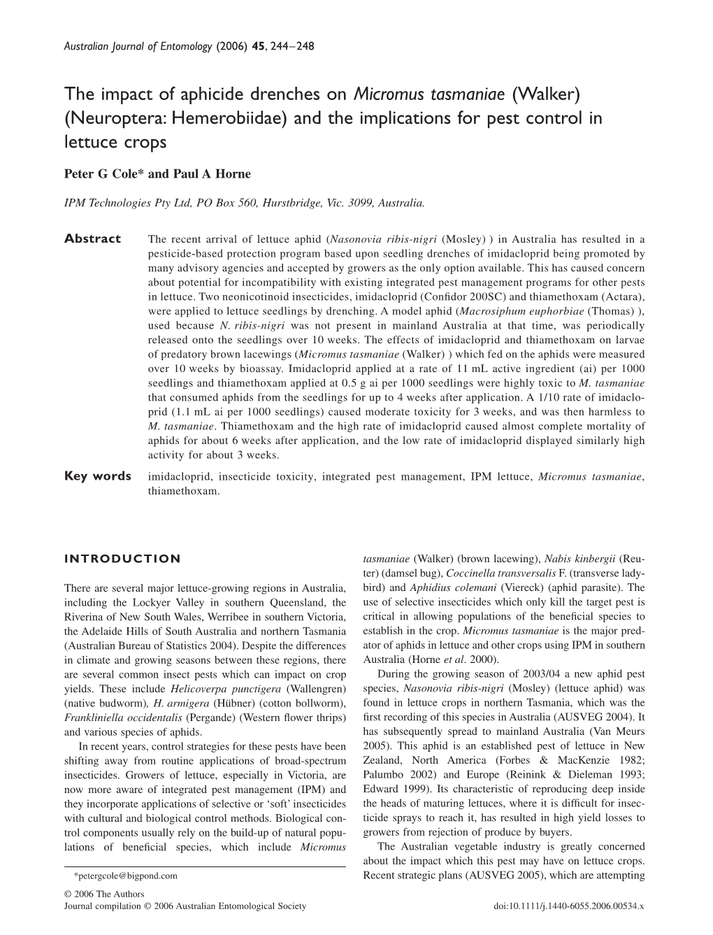 The Impact of Aphicide Drenches on Micromus Tasmaniae (Walker) (Neuroptera: Hemerobiidae) and the Implications for Pest Control in Lettuce Crops