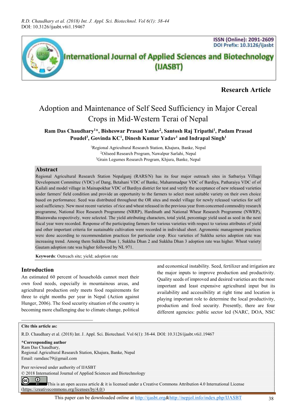 Adoption and Maintenance of Self Seed Sufficiency in Major Cereal