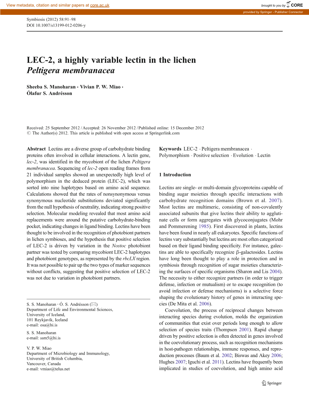 LEC-2, a Highly Variable Lectin in the Lichen Peltigera Membranacea