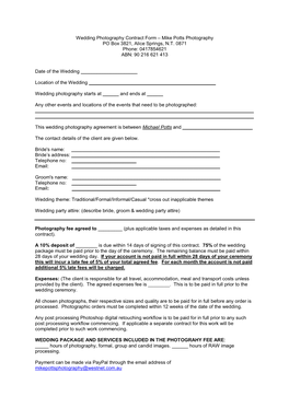Wedding Photography Contract Form – Mike Potts Photography PO Box 3821, Alice Springs, N.T